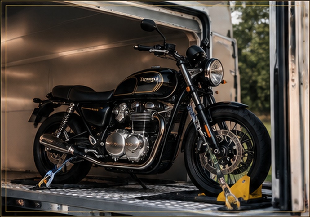Motorbike secured inside an enclosed transport trailer